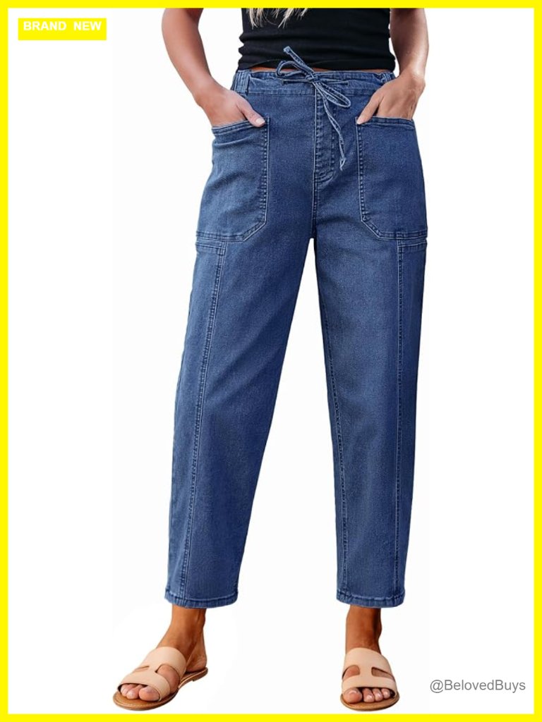 High Waisted Pull On Drawstring Elastic Waist Stretchy Denim Baggy Barrel Jeans